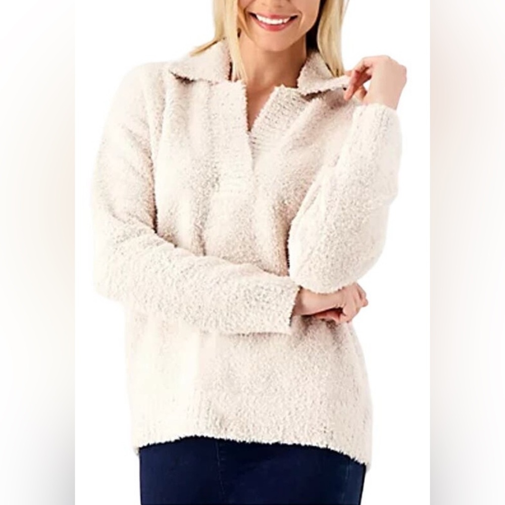 Barefoot Dreams Eco CozyChic Wide Placket Pullover Collared Comfort 1X In Stone